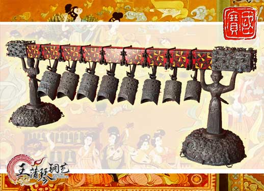 8件古編鐘，銅人銅座裝飾，可發(fā)音